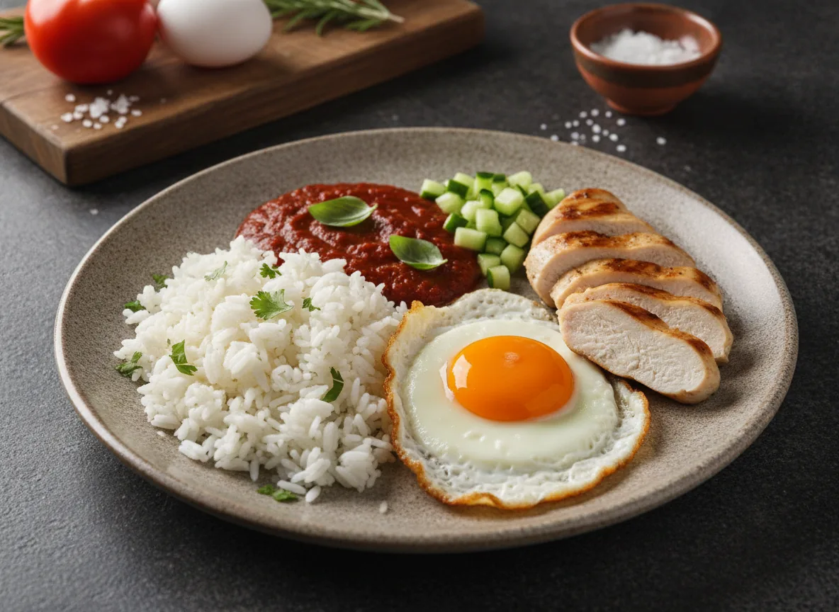 Arroz a la cubana con huevo y pollo