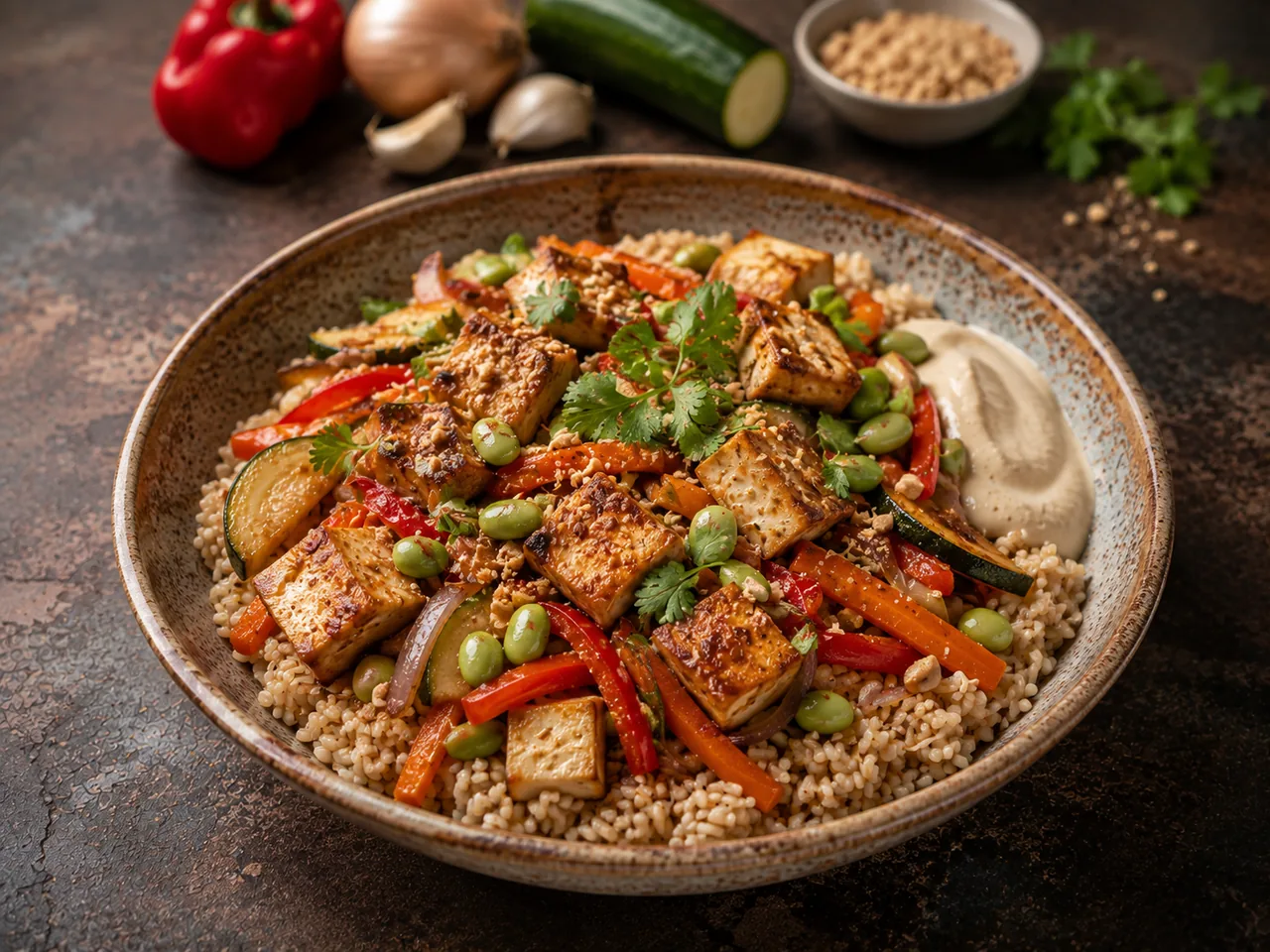 Arroz con edamame, tofu y cacahuete