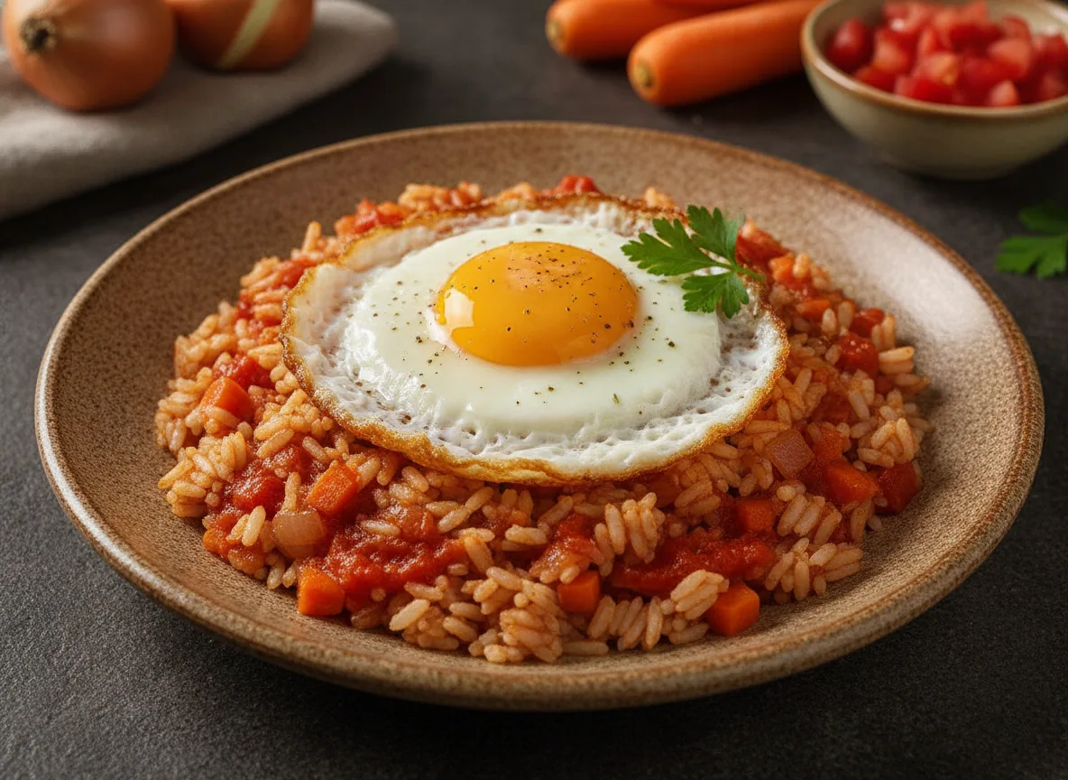 Arroz con verduras, salsa de tomate y huevo