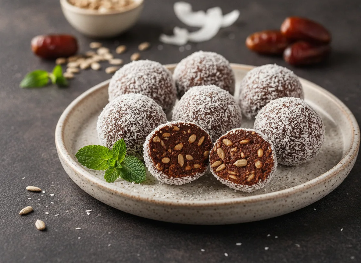 Bolitas de dátil, cacao y pipas