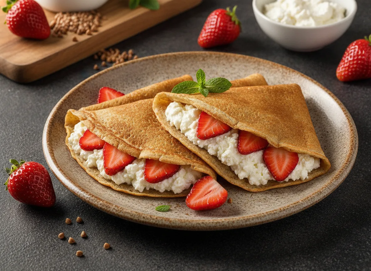 Crepes de trigo sarraceno con requesón y fresas