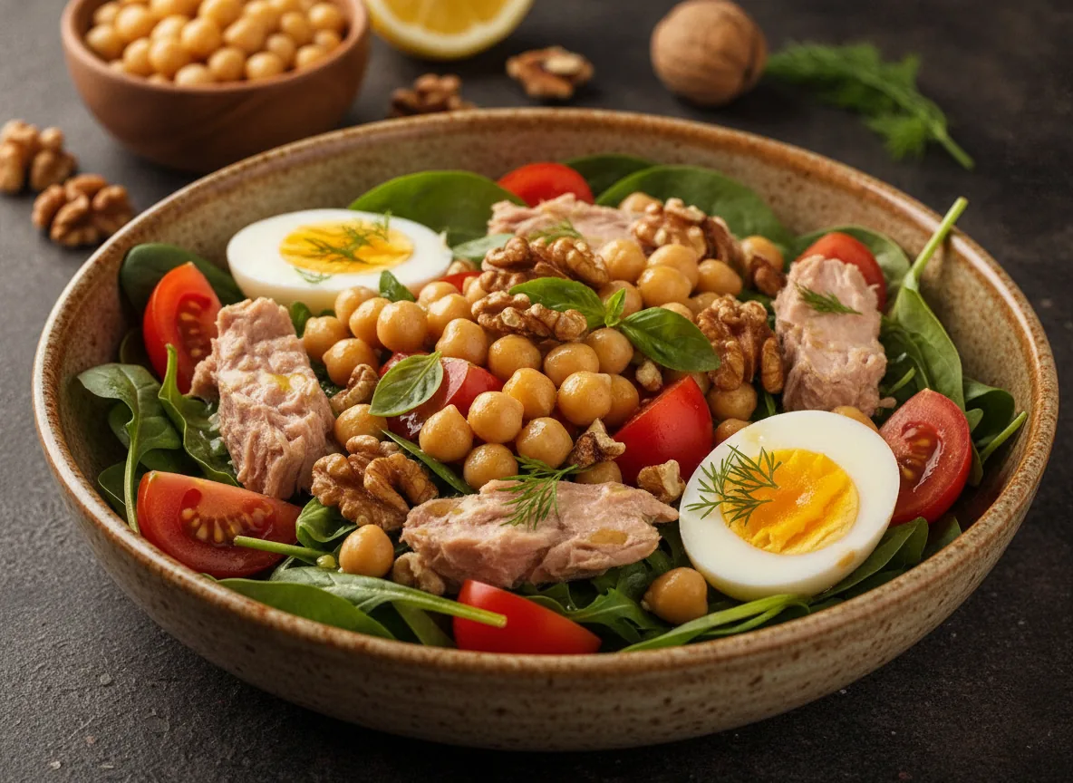 Ensalada de garbanzos, huevos y atún