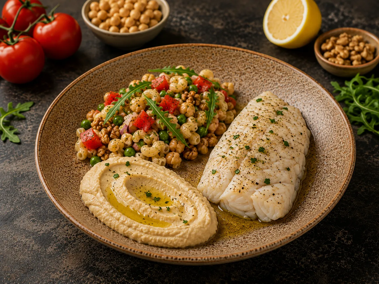 Ensalada de garbanzos, merluza y hummus