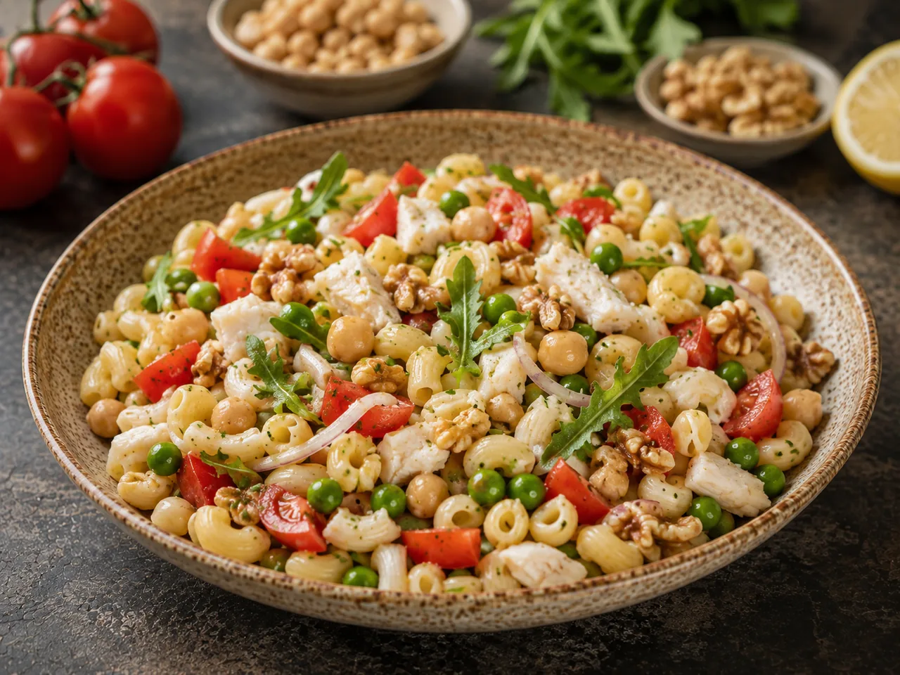 Ensalada de pasta con merluza y garbanzos