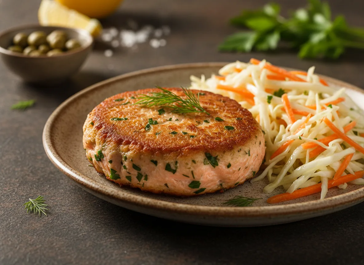 Hamburguesa de salmón con ensalada de col