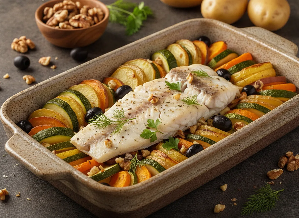 Pescado con patatas, boniato y verduras al horno