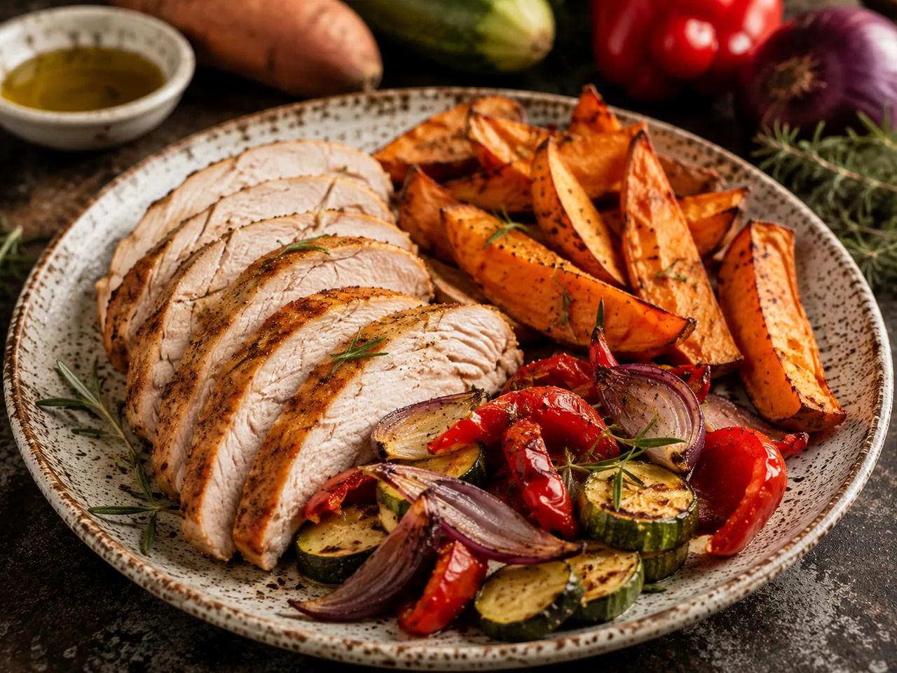 Pavo al horno con boniato y verduras