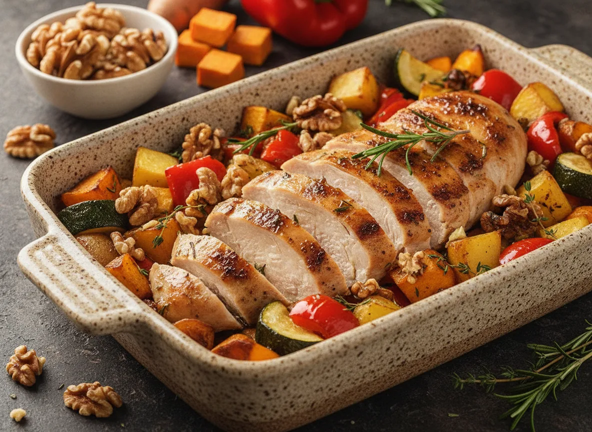 Pollo con patatas y verduras al horno
