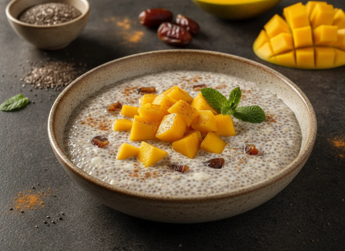 Pudin de chía con bebida de soja y mango