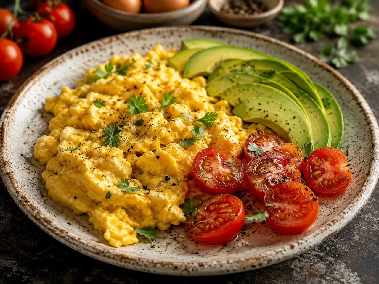 Revuelto de huevo con aguacate y tomate