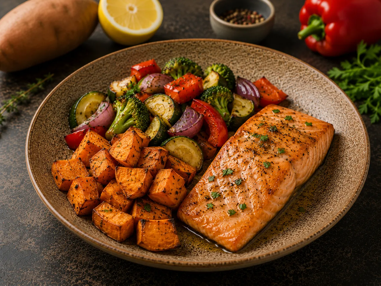 Salmón con boniato y verduras al horno
