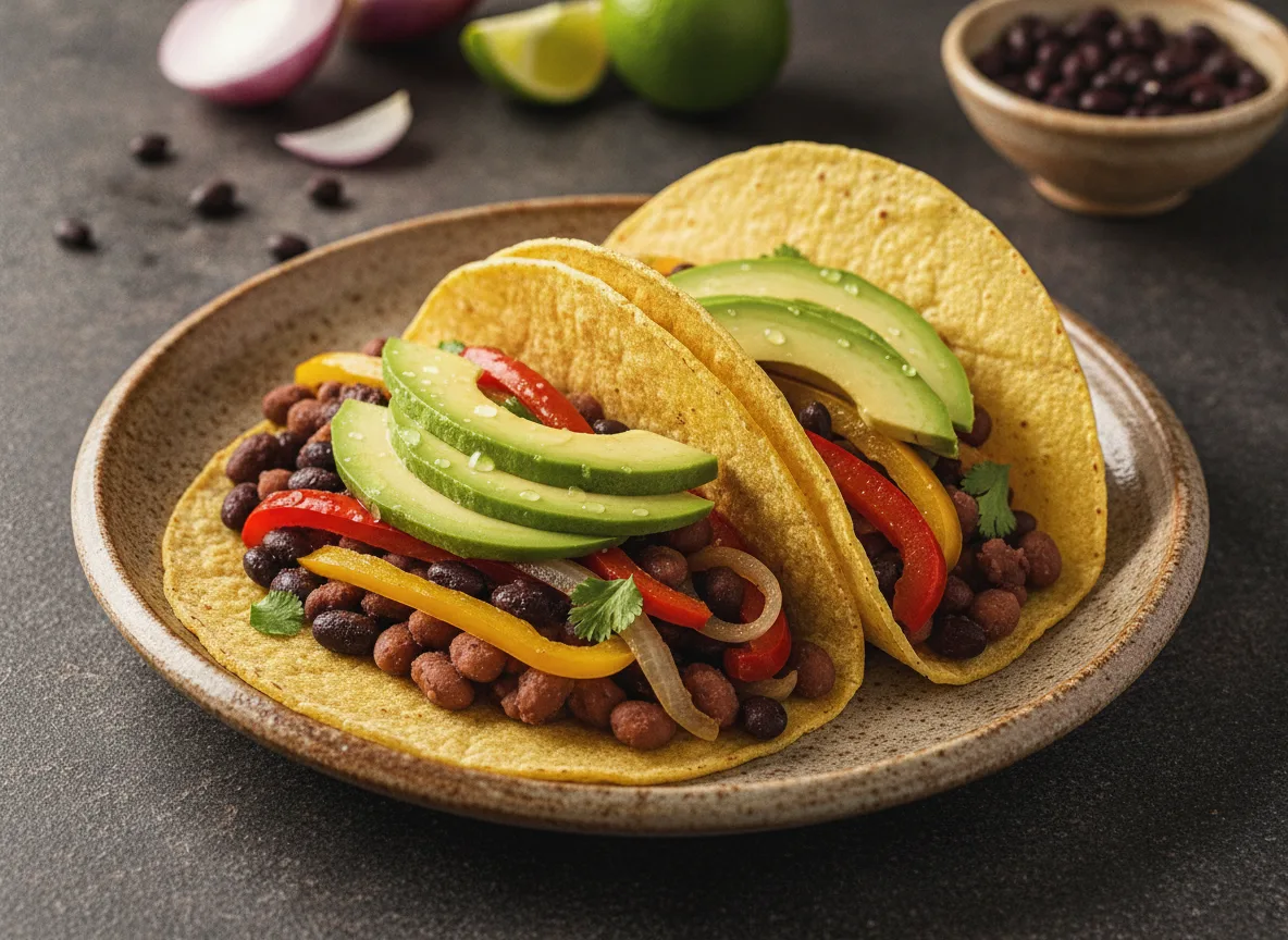 Tacos de maíz con alubias negras y pimiento