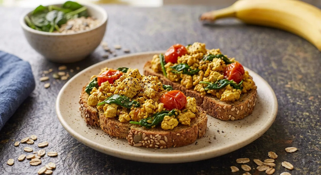 Tostadas de revuelto de tofu con espinacas