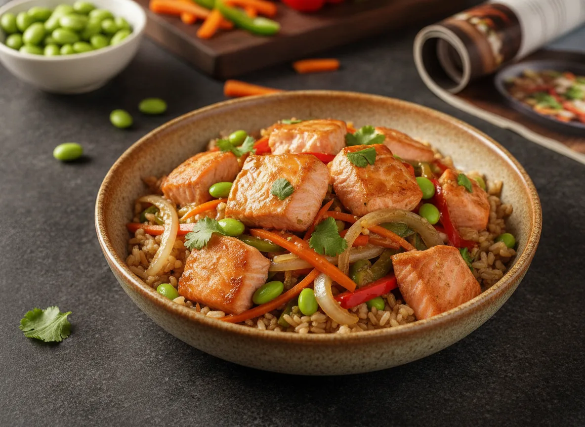 Wok de salmón, arroz y soja